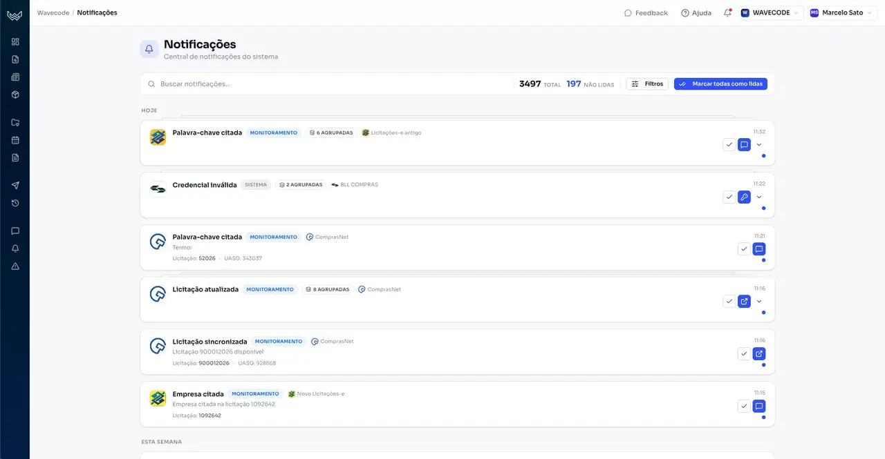 Central de Notificações do monitoramento com alertas em tempo real
